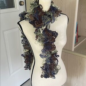 Blue Brown and Gray Ruffle Scarf